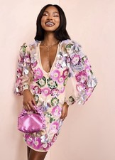 Asos Womens Luxe V- Neck Sheer 3D Floral Mini Dress Size 6