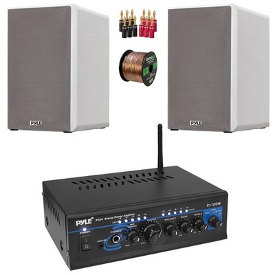 Pyle AUX CD MP3 Power Receiver, 2x 5.25  200W Bookshelf Speakers, Banana Plugs