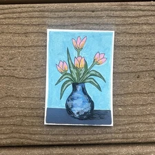 Aceo Original Flowers In Vase Gouache Painting Art Card