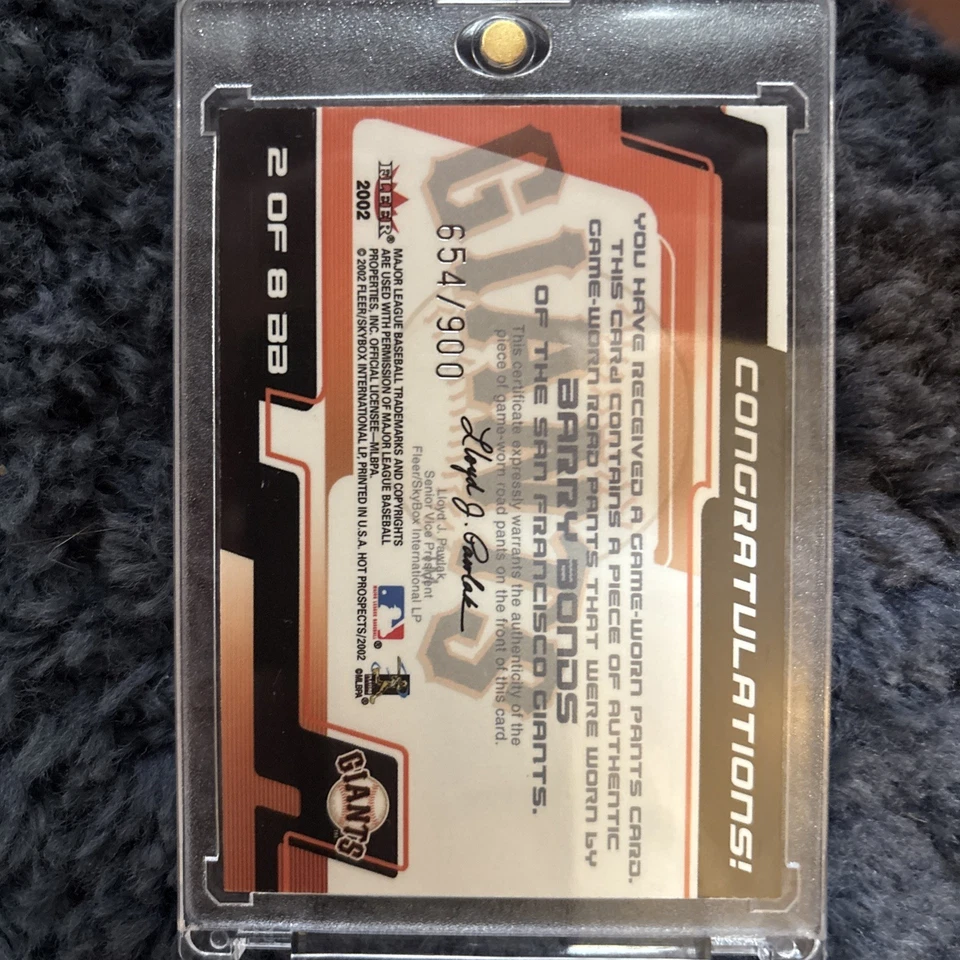 2002 FLEER HOT PROSPECTS BARRY BONDS GAME WORN PATCH /900 GIANTS #2 ZI - Image 2 of 2