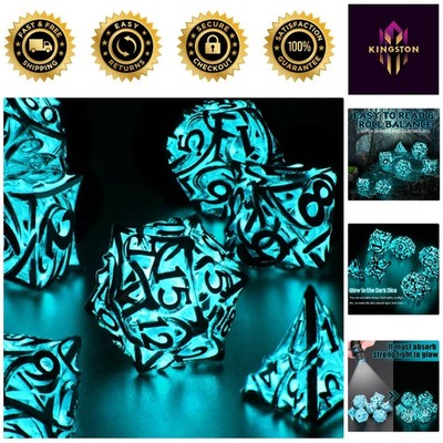 Lightweight Hollow Metal DND Dice Set - 7 Polyhedral Glow in the Dark Dice