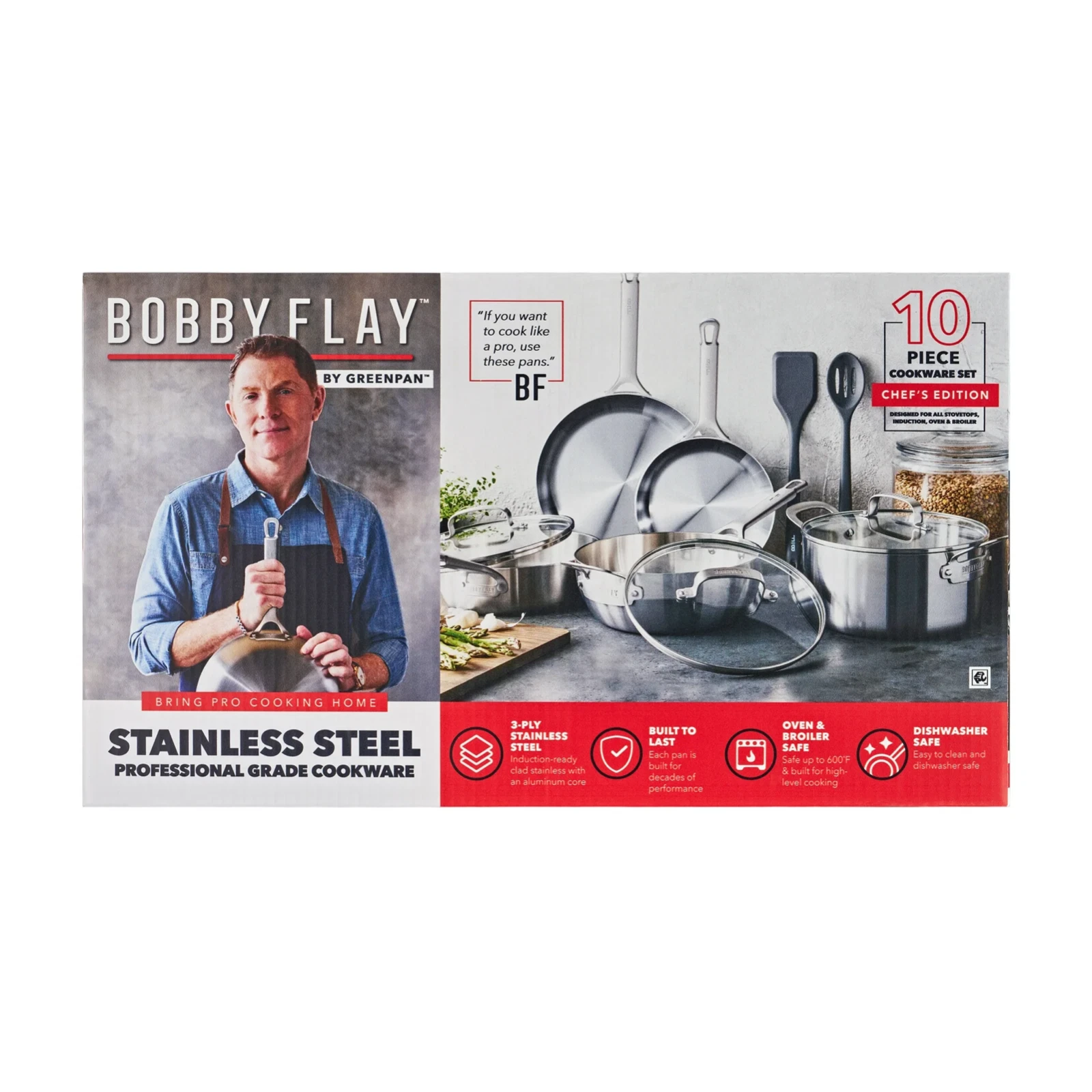 GreenPan Bobby Flay 10-Piece Stainless Steel Ceramic Nonstick Cookware Set - NEW