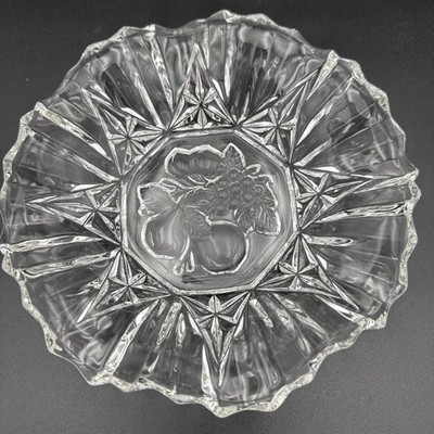 Vintage Depression Era Fluted Glass 7 in Candy Dish Starburst  Pears & Grapes