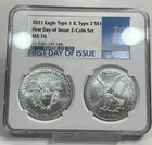 Two Type Set - 2021 P American Silver Eagle Type 1 and Type 2 NGC MS70