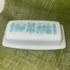 VTG Pyrex Amish Butterprint Turquoise Butter Dish White Milk Glass 2 Pc USA NICE