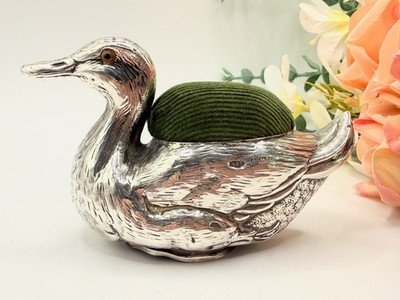 Antikes großes Sterling Silber Ente Nadelkissen, gepunzt 1906, Birmingham.