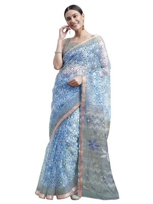 Women's Polyester Kota Doria Geometric Printed Saree with Blouse Piece