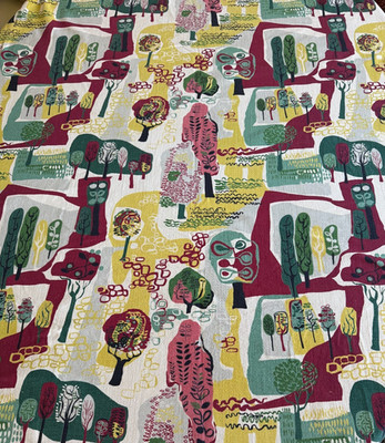 VTG. MCM 1950s BARKCLOTH BIOMORPHIC PRINT TREES in PARK 4 Lg PANELS, SPECTACULAR