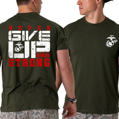 U.S. Marines Motivational T-Shirt, White Eagle Globe Anchor Front Logo and Never