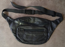 Black Leather Fanny Pack / Bum Bag Adjustable Waist Strap zip close 2 pockets