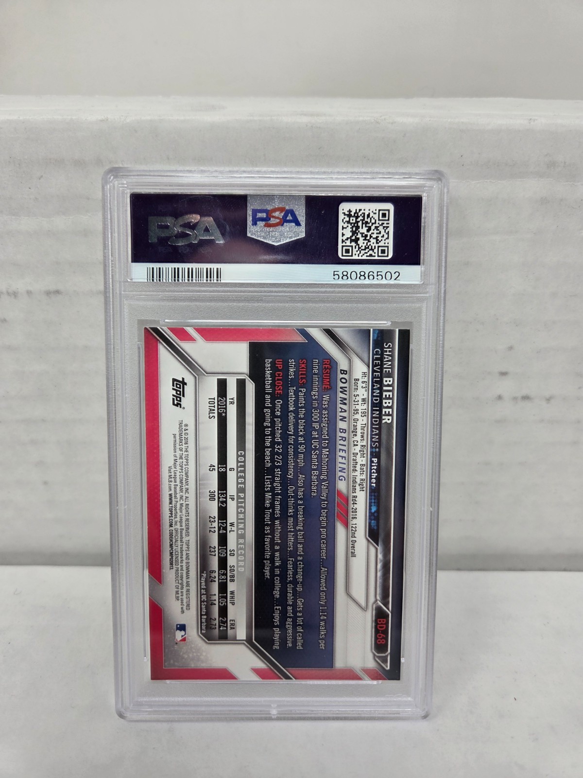 2016 Bowman Draft SHANE BIEBER RC ROOKIE CARD PSA 10 GEM MINT view 2