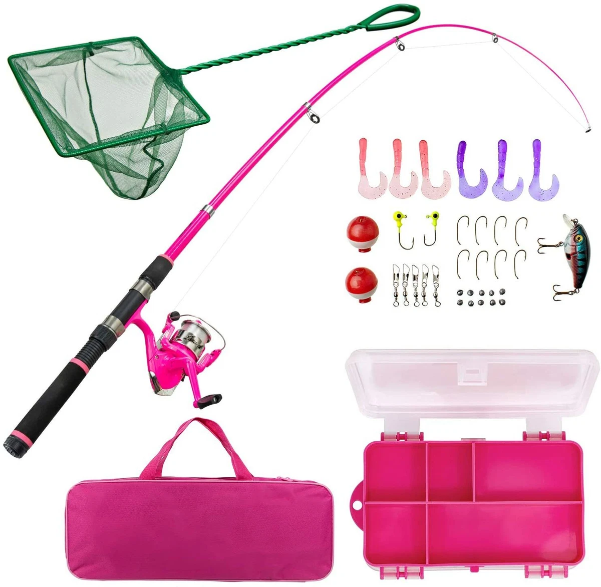 Lanaak Pink Kids Fishing Pole and Tackle Box - Fishing Rod with Reel, Net,  Trave