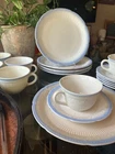 Marked Down! Beautiful 1940s Anchor Hocking Alice White w/ Blue Trim Dinner Set