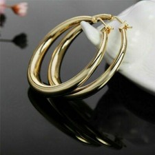 Women Yellow Gold Plated Chunky Thick 4CM 925 Sterling Silver Post Hoop Earrings