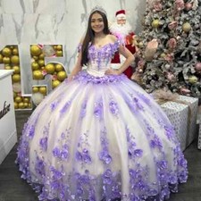 Lavender Quinceanera Dresses Ball Gown Beaded 3D Flowers Birthday Party Sweet 16