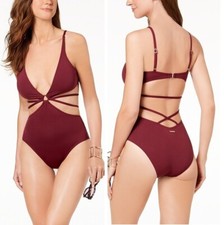 Vince Camuto Size 12 Fig Red Plunge Ring Strappy Monokini One Piece Swimsuit NWT