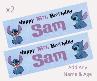 2x Personalised STITCH Happy Birthday Party Banners LARGE Poster ANY NAME AGE