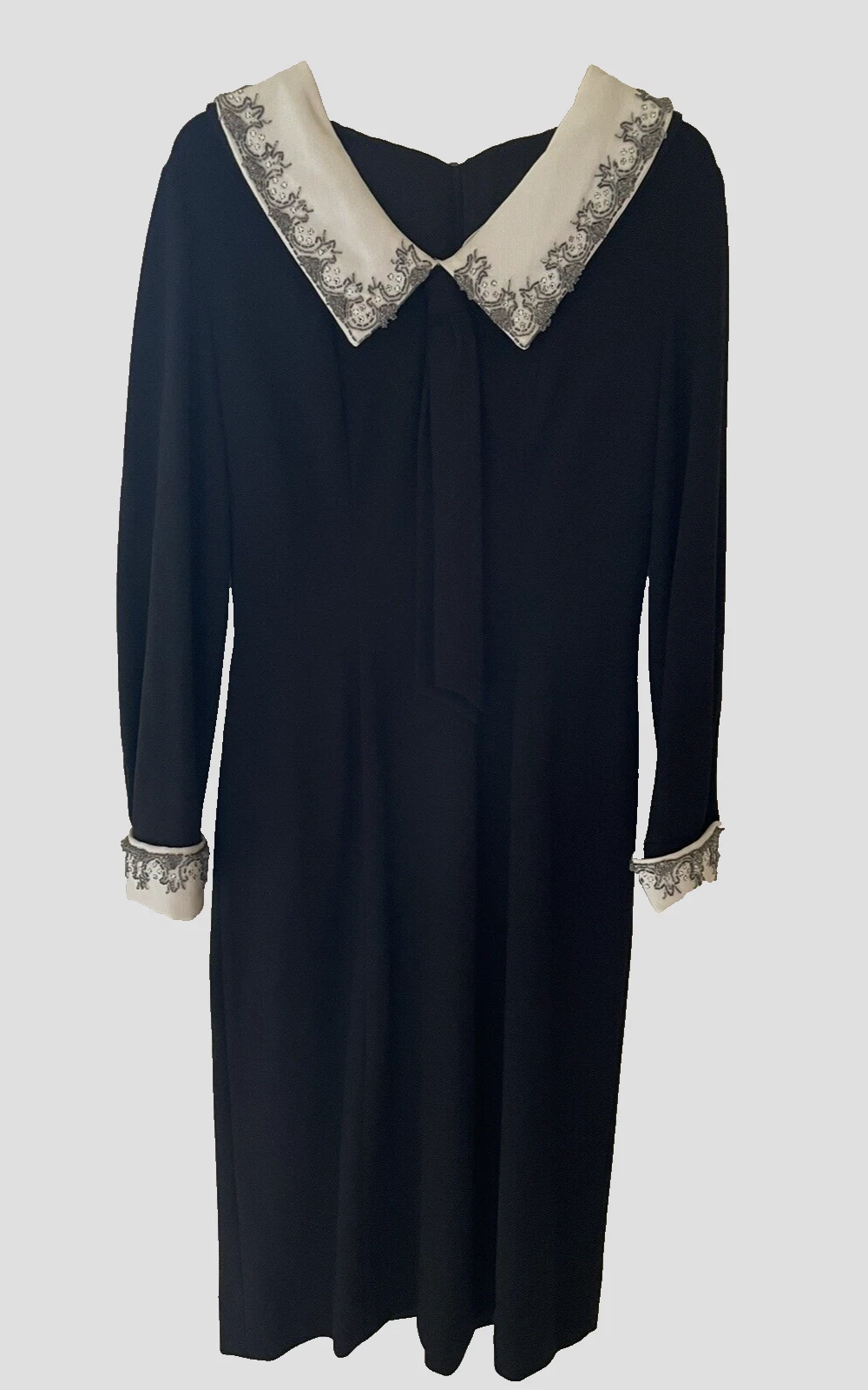 Vintage 60s Wool Knit Long Sleeve Dress Beaded Embellished Collar Front Tie TLC
