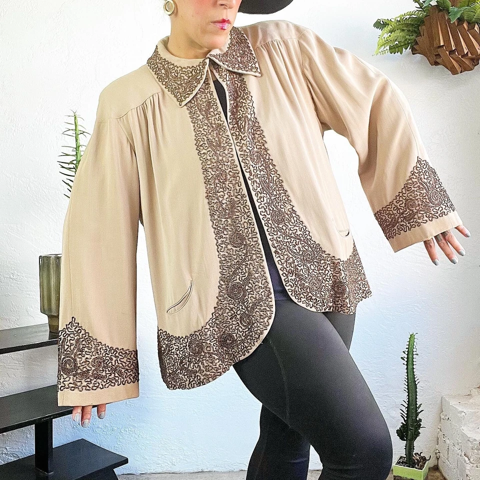 MANO Vidrio CUENTAS Lana GABARDINA 1940’s 40s Vintage Tostado Cobre Columpio Chaqueta L Xl Foto 4 de 4