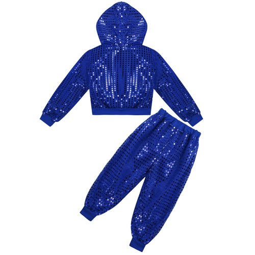 Girls Shiny Sequins Dance Outfit Long Sleeve Crop Tops and Pants Set Dancewear - Picture 25 of 80