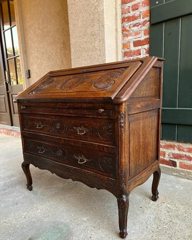 Antique French Carved Oak Secretary Desk Bureau Drop Front Louis XV Style - Image 4 of 4