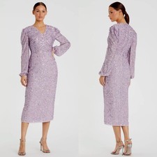 NEW NWT Mac Duggal Sequin Illusion Puff Sleeve V Neck Midi Dress Lavender SIZE 8