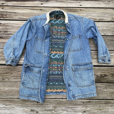 VTG Aztec Lines Eddie Bauer Chore Jacket Men's Medium Denim Corduroy Collar