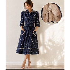 Yoana Baraschi 100% Silk Polka Dot Midi Shirt Dress 4 Belted Ruffle Lined Retro