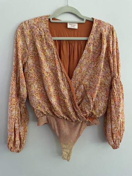Showpo🌹Top Size 8 Bodysuit Floral Womens Orange Yellow V-Neck Long Sleeve Wrap