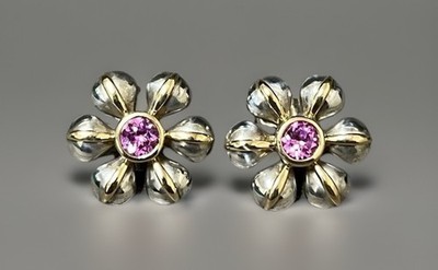 18k Gold & .925 Sterling Silver Pink tourmaline Flower Pedal Earring Studs 