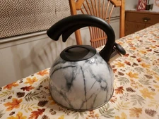 Godinger Studio Everyday Whistler Tea Kettle, SS With White Marble Deco ExcCond 