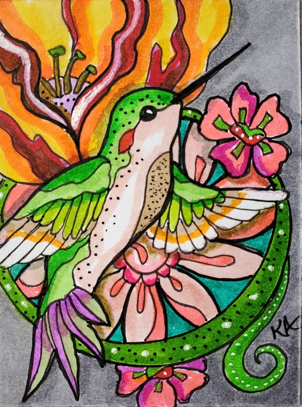 ACEO Original Art Card "Hummingbird" Pen and Watercolor Illustration 2.5" x 3.5"