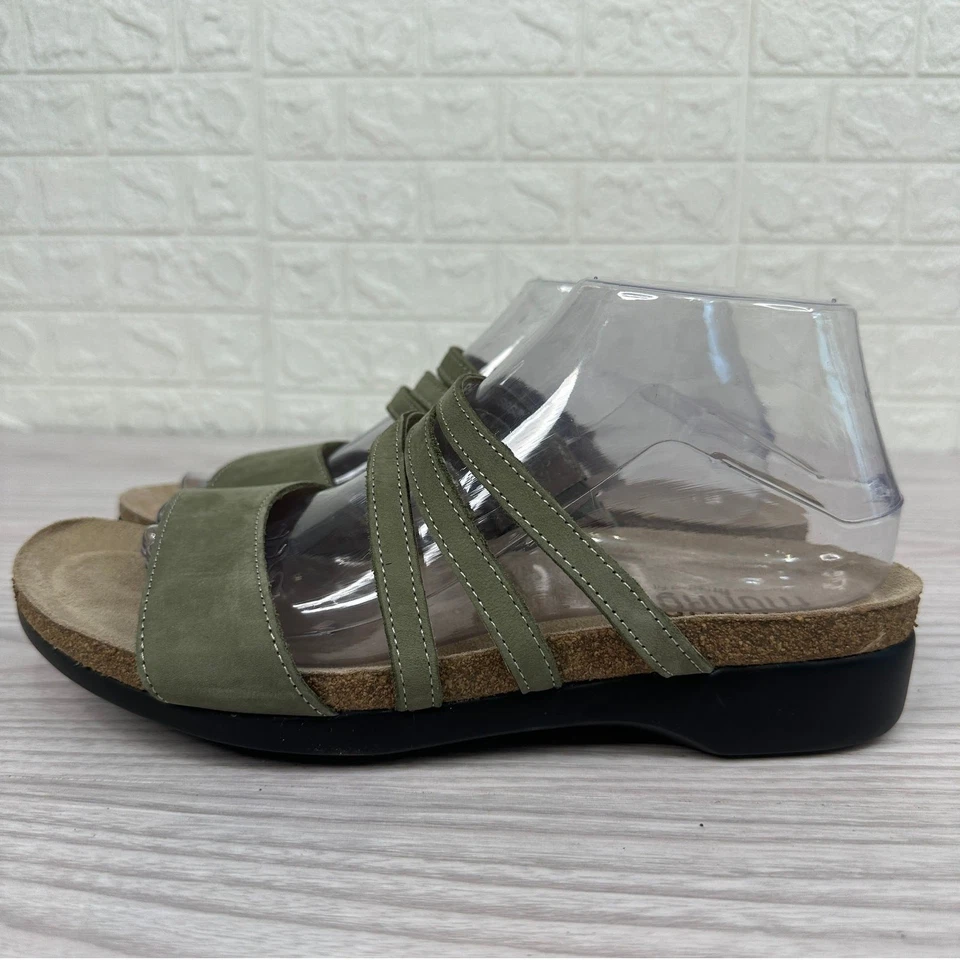 Munro Camila Slide Sandal SZ 9.5 Green Nubuck Leather Cork Wedge Slip On Strappy - Image 4 of 4