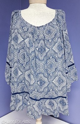 Casual Top/Blouse Ladies Fever Blue/Wht Light Weight Rayon Mosaic Boho Print 2X