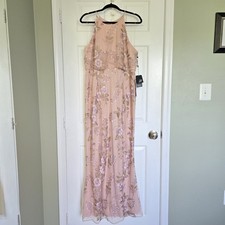 New Adrianna Papell Halter Pale Blush Embroidered Blouson Formal Gown - Size 12