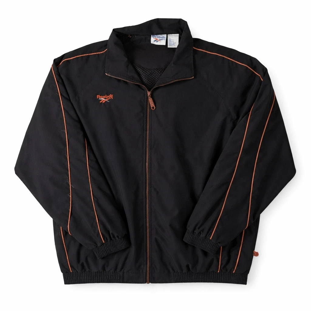 Vintage Reebok Full Zip Windbreaker Jacket Large Black Orange Piping
