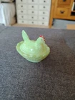 Vtg MCM Mini Hen On Nest Milk Glass Painted Green with Red Comb
