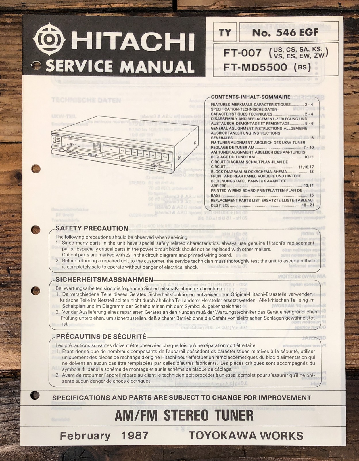 Hitachi FT-MD5500 Tuner Service Manual *Original*