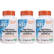 Doctor's Best High Potency Serrapeptase (120,000 SPU) 90 vcaps Each (Pack of 3)