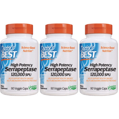 Doctor's Best High Potency Serrapeptase (120,000 SPU) 90 vcaps Each (Pack of 3)