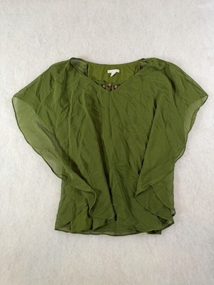 Cato EST. 1946 Olive Green Sheer Flutter Sleeve Blouse Women s L EUC