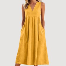 Womens V Neck Pocket Casual Dress Summer Beach Loose Kaftan Dresses SIZE 6-20