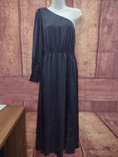 Kirundo Women's Satin Long Sleeve One Shoulder Maxi Dress, Navy Blue, Medium