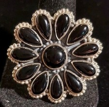 New Large Sterling Silver Black Onyx Adjustable Flower Ring
