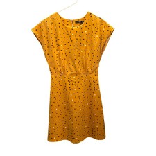 MNG Mango Mustard Yellow Polka Dot Dress Women's Cap Sleeve Fit Flare Retro Vibe