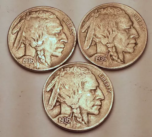 3 PIECE LOT 1936 P D S Buffalo Nickel Set Nice VF+ FREE SHIPPING!