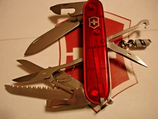VICTORINOX 91mm TRANSLUCENT RUBY RED HUNTSMAN PLUS 18 FUNCTION SWISS ARMY KNIFE