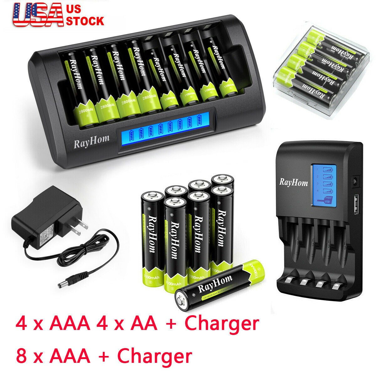 AA AAA Rechargeable Batteries NiMH 1.2V + AA/AAA Battery LCD Smart Fast Charger.-image