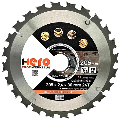 HERO PROFIWERKZEUG Kreissägeblatt 205 x 30/20 mm 24Z Profi HM Sägeblatt TCT Sägeblätter Holz HERO