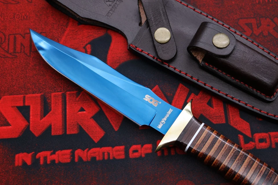 CUCHILLO SOG BOWIE HOJA AZUL CUCHILLO DE CAZA SOG PERSONALIZADO CON FUNDA DE CUERO Foto 4 de 4